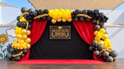 Decoración de graduación con globos negros y dorados